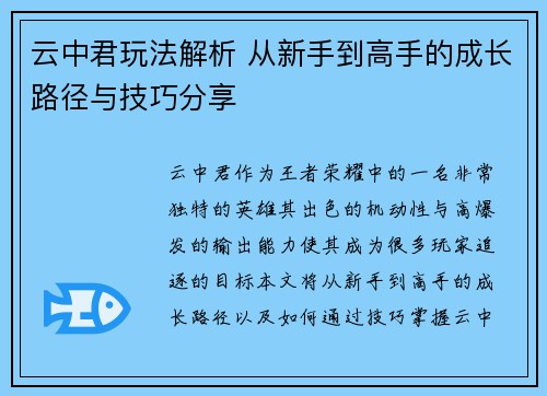 云中君玩法解析 从新手到高手的成长路径与技巧分享